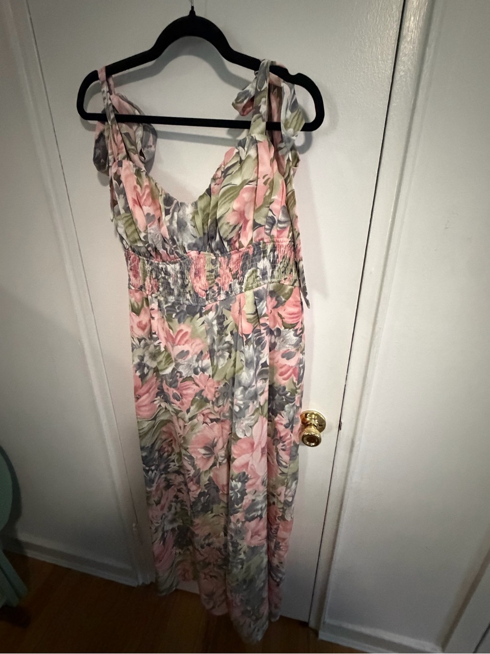 Lulu's Pink Floral Maxi Jumpsuit with Green & Gray Accents